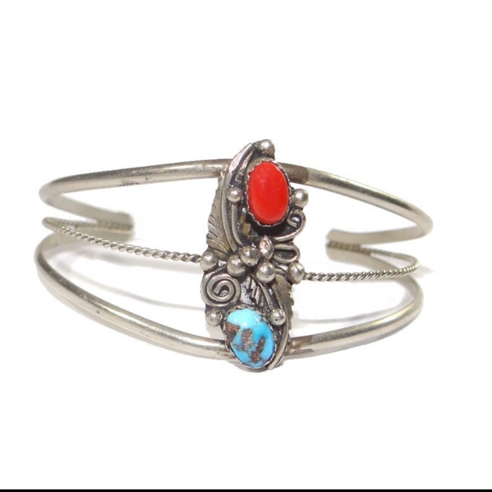 1970s Navajo coral and turquoise cuff